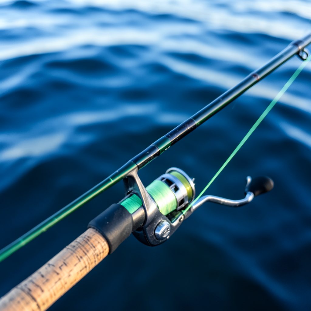 Close-up of a fishing rod and reel with green line against a backdrop of deep blue water