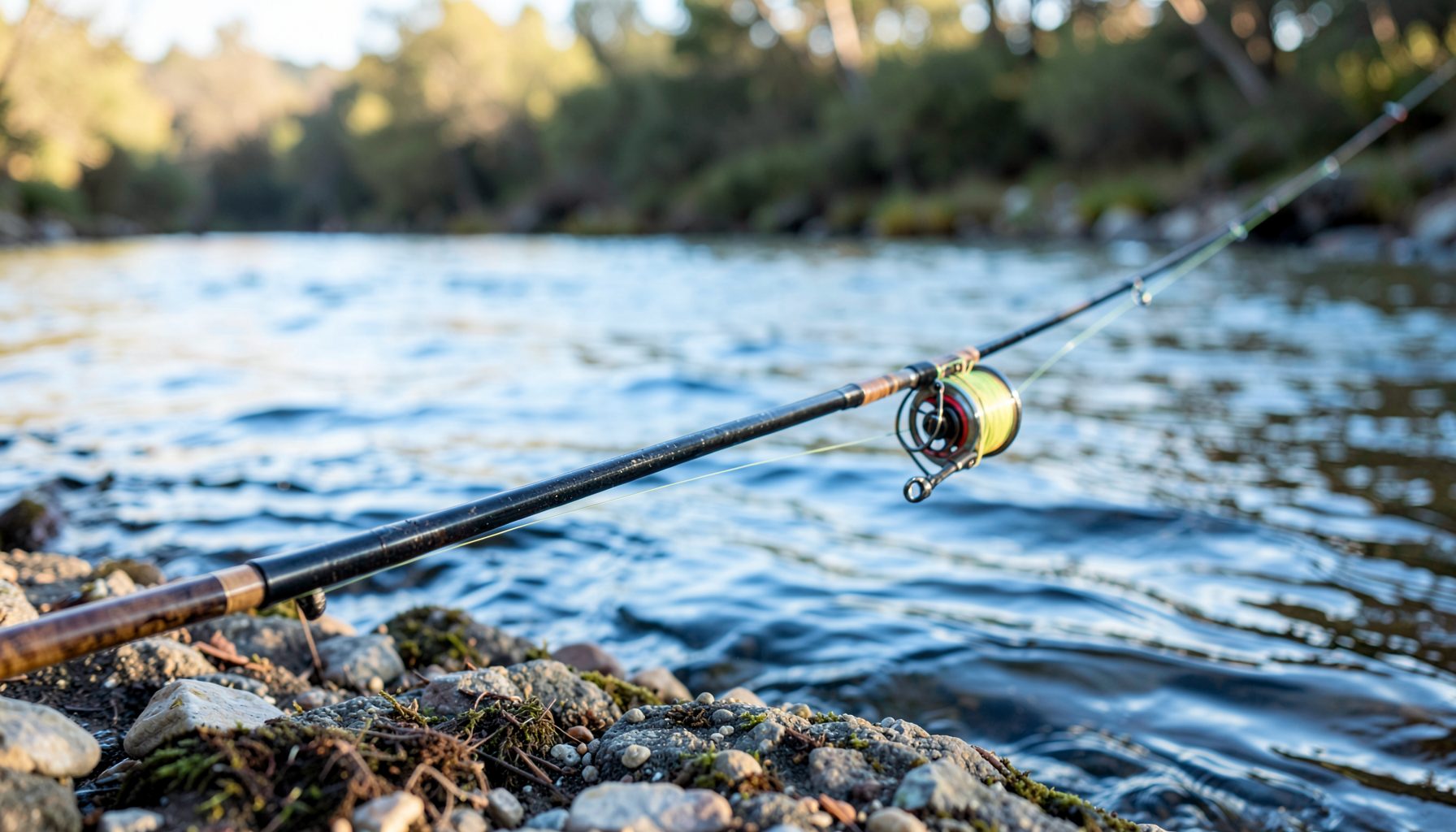 Fly-fishing rod with line spooled resting across a riverbank in soft morning light, silvery blue water