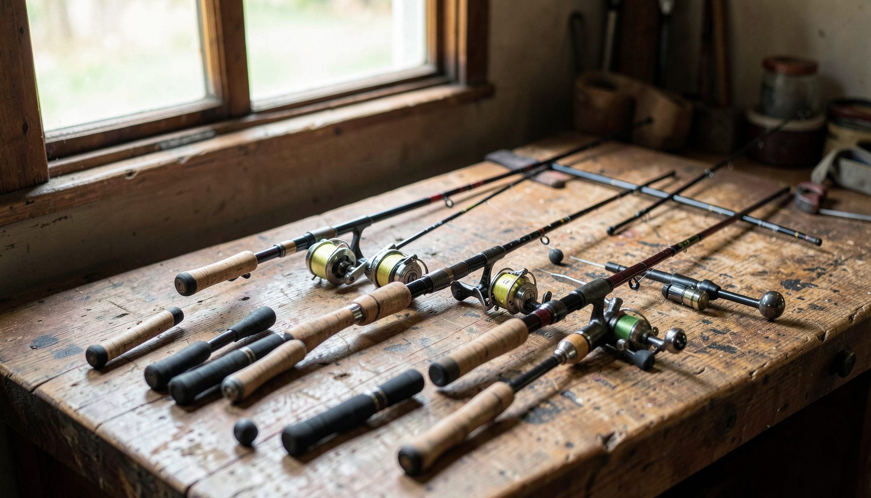 Several fishing rods with reels laid out on a worn wooden workbench near a window, rustic mood