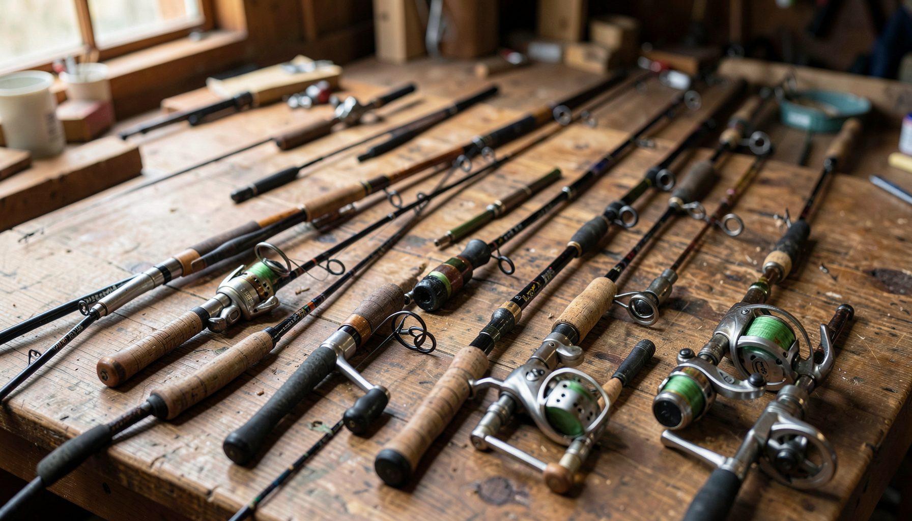 Several fishing rods with reels laid out on a worn wooden workbench near a window, warm brown and green tones