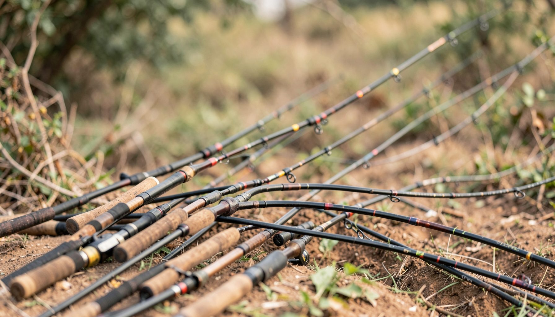 Group of fishing rods with cork grips lying on dirt and grass outdoors, earthy brown and green tones, casual outdoor mood