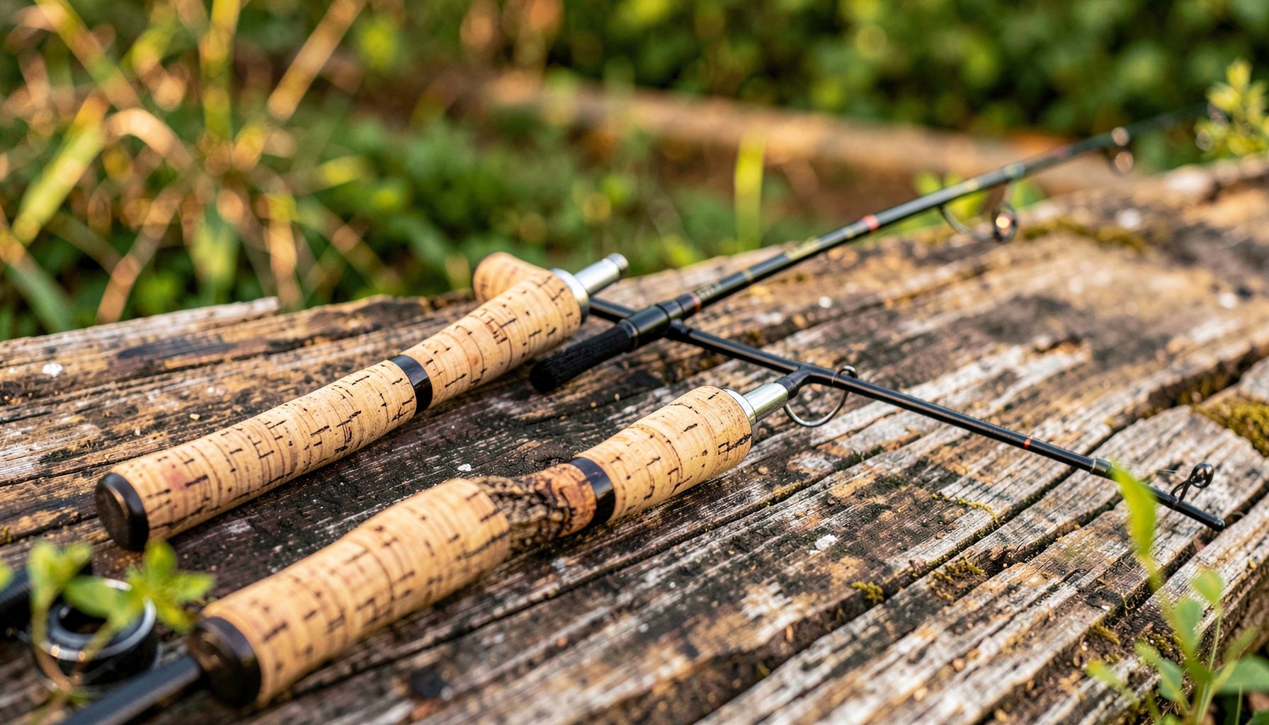 Fishing rods with cork handles resting on a weathered wooden surface in warm brown and green tones, outdoors