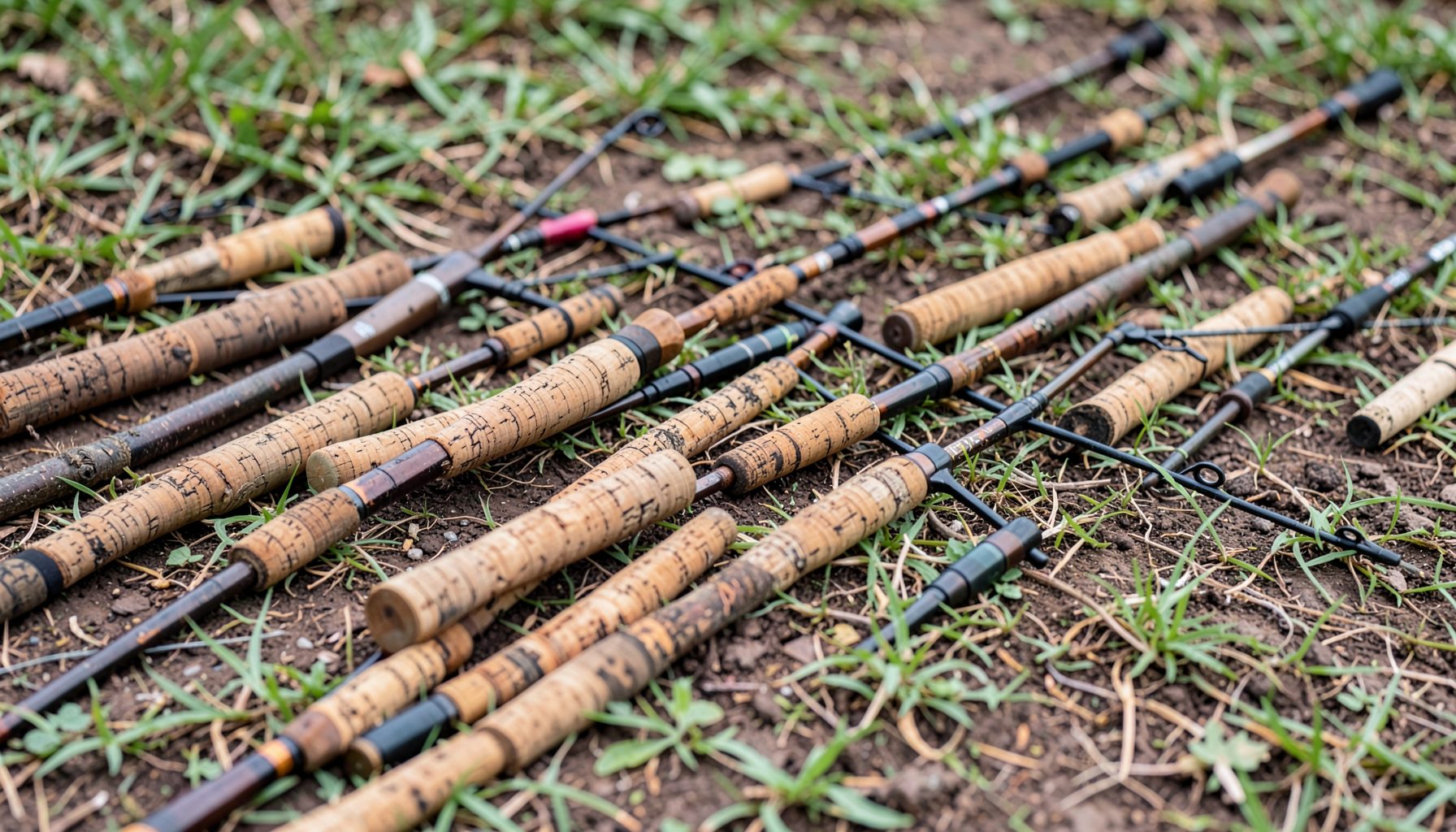 Group of fishing rods with cork grips lying on dirt and grass outdoors, earthy brown and green tones
