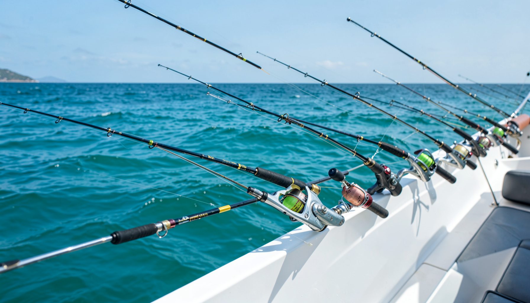Row of fishing rods with reels mounted along the side rail of a boat over turquoise ocean water