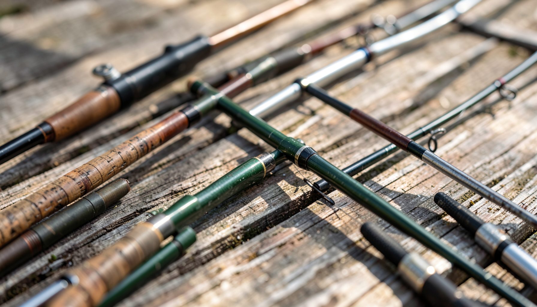 Close-up of several fishing rods with cork handles crossed on a weathered wooden surface, in brown, green, and tan tones
