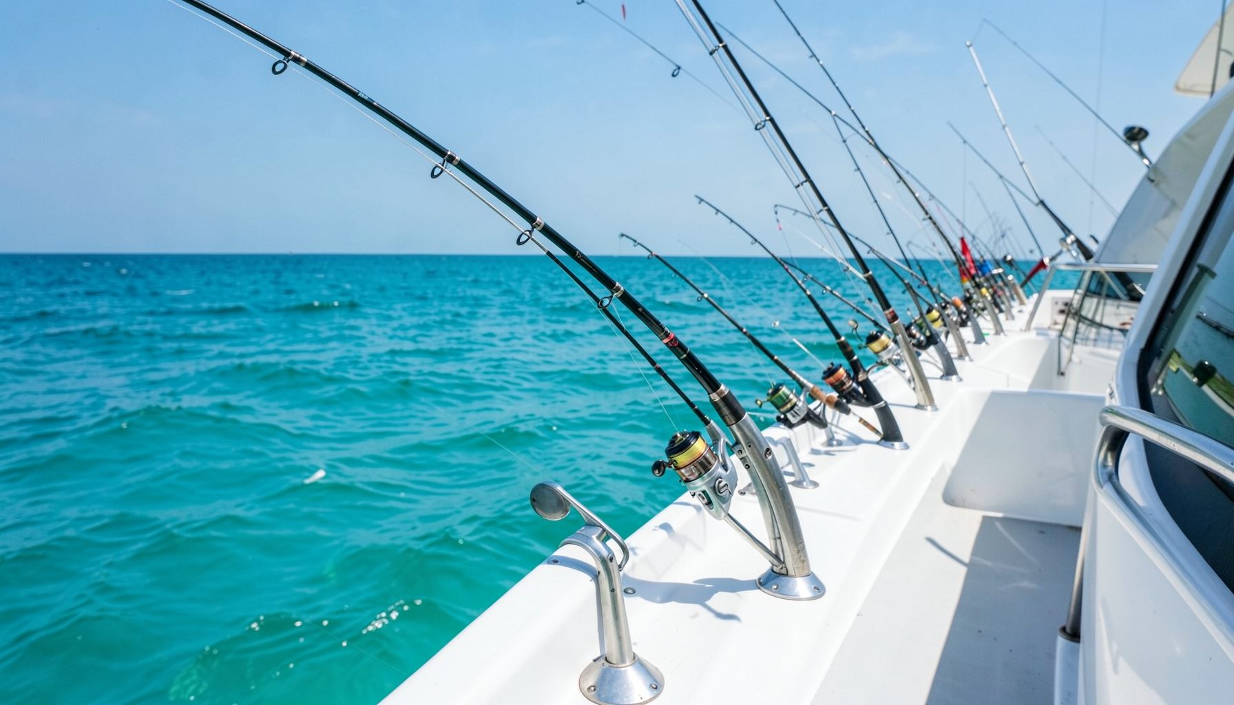 Row of fishing rods with reels mounted along the side rail of a boat over turquoise ocean water under a clear blue sky