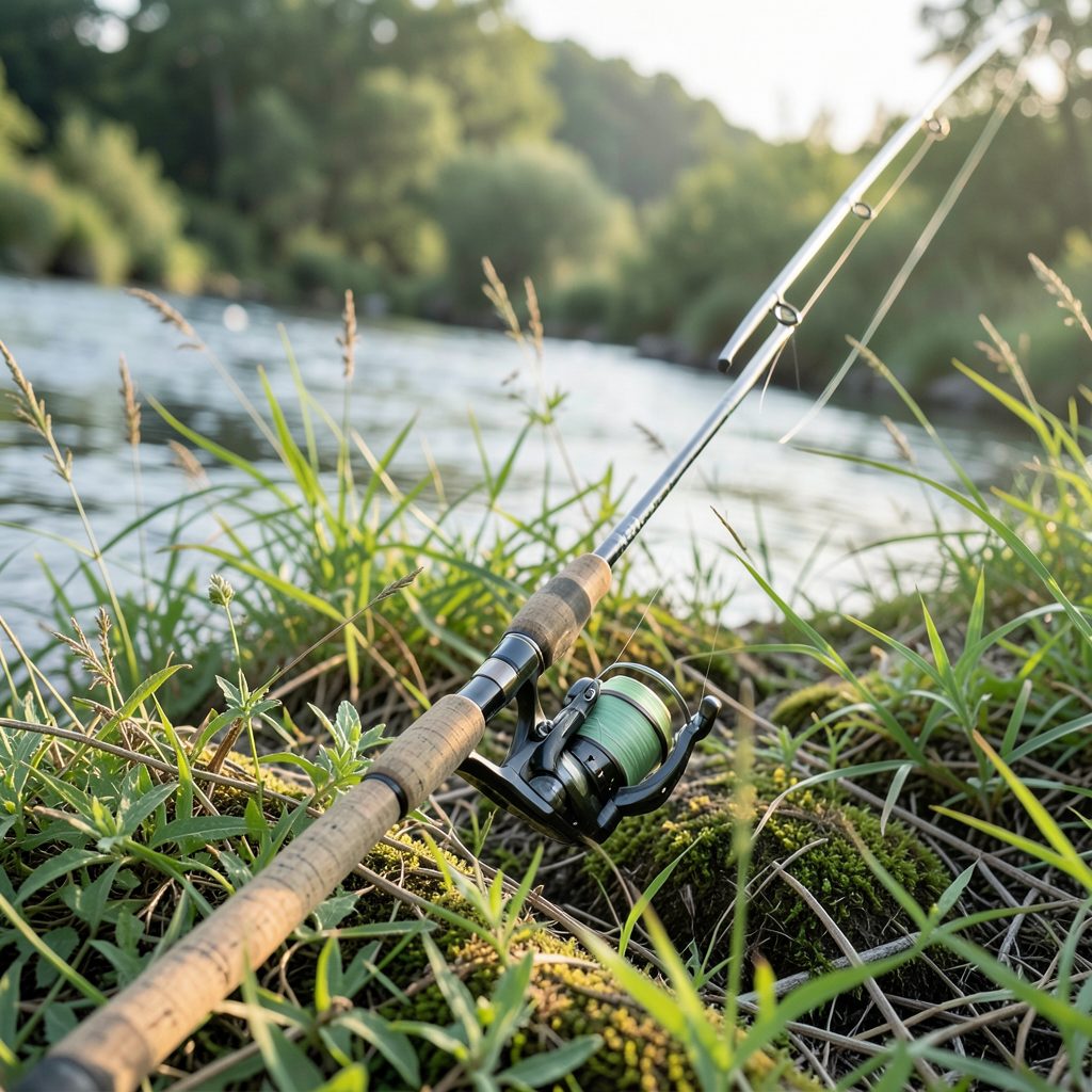 Fishing rod with reel resting in grass beside a calm river, green and brown tones, tranquil outdoor mood