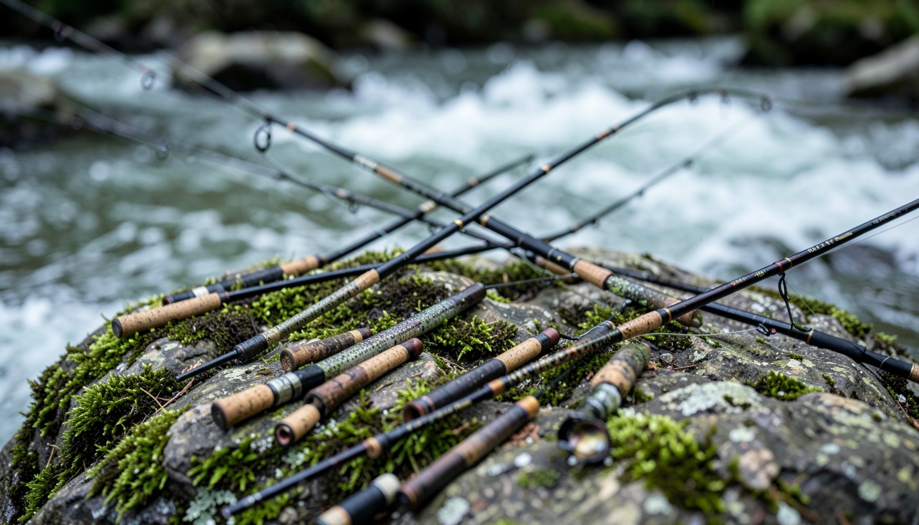 Several fishing rods with cork handles resting on a moss-covered rock beside rushing river water, green and gray tones