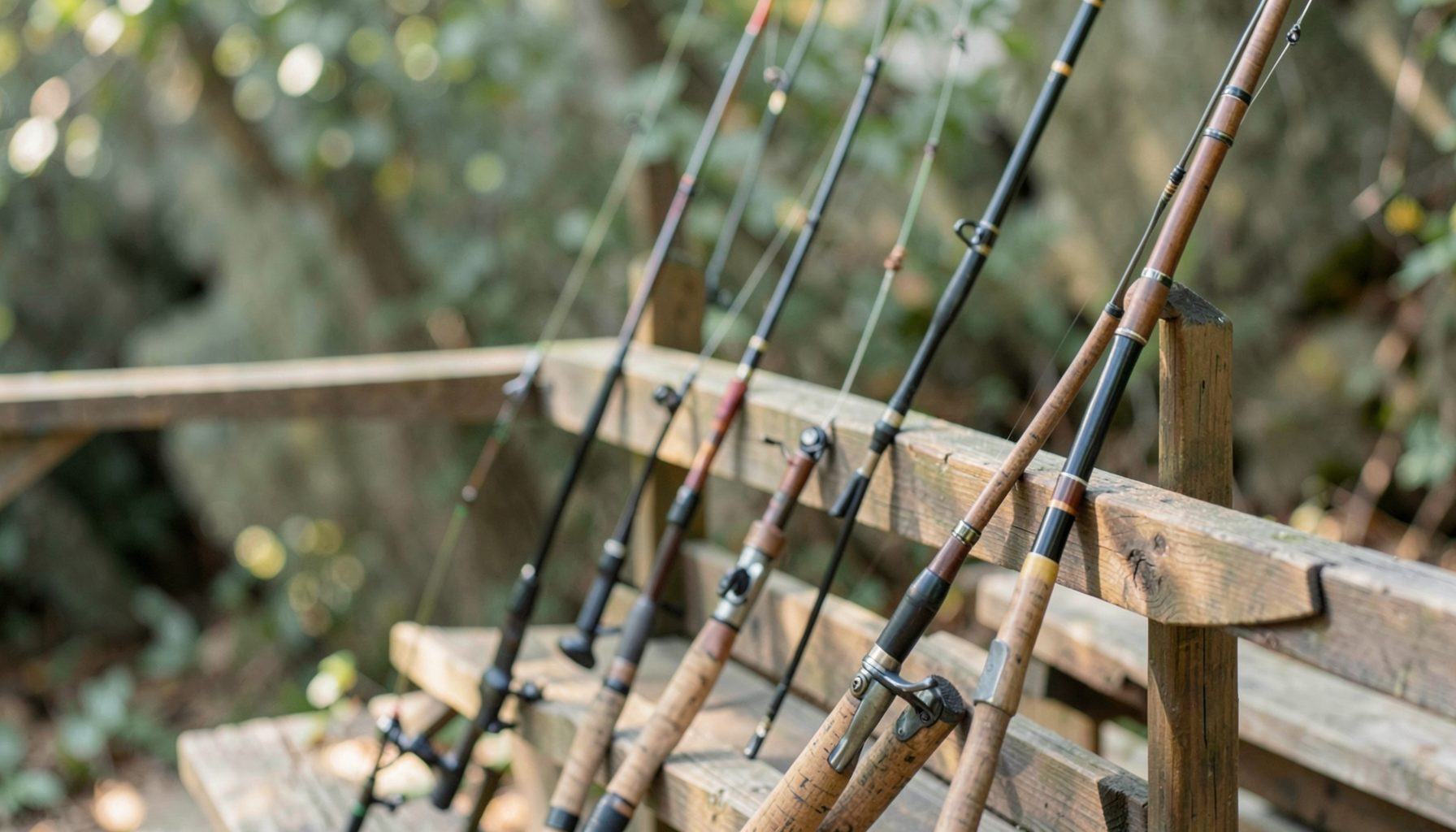 Several fishing rods leaning against a wooden rack in soft natural light, earth tones and muted greens, calm outdoor workshop