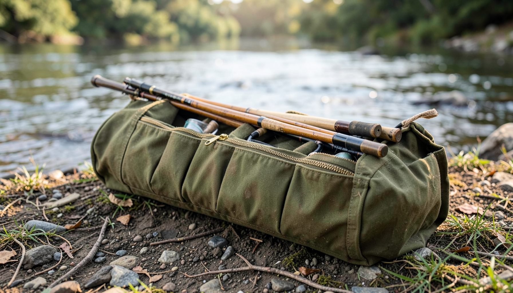 Olive green canvas rod bag with rods and reels partially visible, resting on rocky riverbank, outdoor tranquil mood